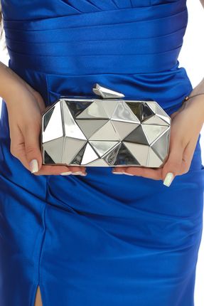 Kadın Gümüş Metal Renk Şık Tasarım Abiye Çanta Portfoy Clutch