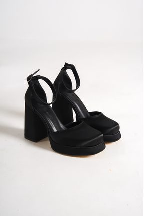 Siyah Saten Kadın Önü Kapalı Platform Topuklu Ayakkabı Bg1115-119-0003