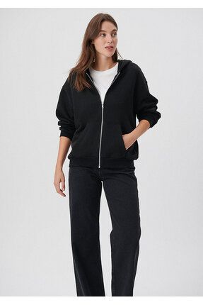 Fermuarlı Kapüşonlu Siyah Basic Sweatshirt 1611775-900