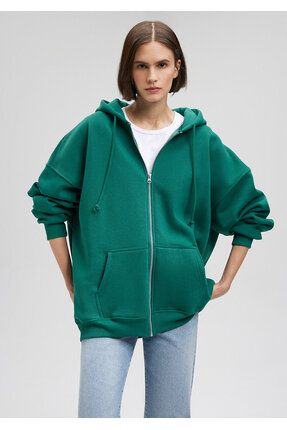 Kapüşonlu Fermuarlı Yeşil Sweatshirt 1610221-71874