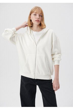 Fermuarlı Kapüşonlu Beyaz Basic Sweatshirt 1611775-70057