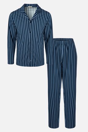 Erkek Mavi Çizgili Pamuklu Kombinli Gömlek Yaka Pijama Takımı