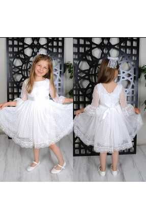 Kız Çocuk Beyaz Güpür Dantel Tokalı Tül Doğum Günü Mezuniyet Gelinlik Özel Gün Şık Prenses Elbise