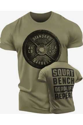 BÜYÜK BEDEN BATTAL GYM SQUAT BENCH DEADLIFT BASKILI HAKİ YESİL ERKEK T-SHIRT