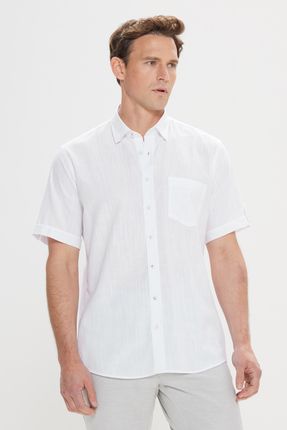 Erkek Beyaz Comfort Fit Rahat Kesim Düğmeli Yaka Keten Görünümlü %100 Pamuk Kısa Kollu Gömlek