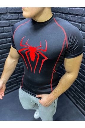 Compression Tshirt Fit Spor Kısa Kollu Vücuda Yapışan Kırmızı Spiderman Baskılı Çizgili Siyah Tişört