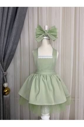 Kız Çocuk Dantel Detaylı Mint Yeşili Elbise Bandana Takım
