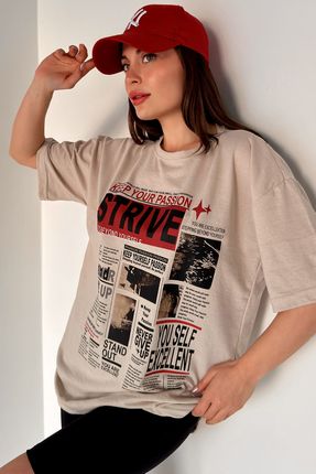 Unisex Oversize Strive Baskılı Bej T-shirt