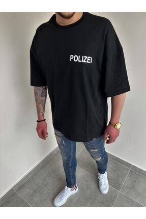 Erkek Siyah Polizei Baskılı Oversize T-shirt