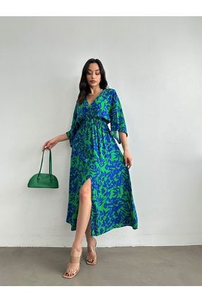 Kadın Yeşil Kruvaze Yaka Yırtmaçlı Uzun Yazlık Elbise