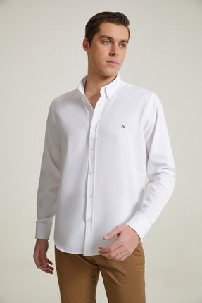 Slim Fit Beyaz Oxford Nakışlı Gömlek