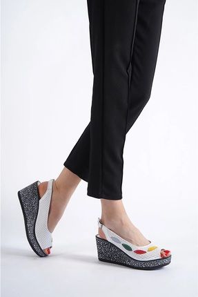 Hakiki Deri Beyaz Dolgu Topuk Kadın Deri Sandalet Dp70-3001