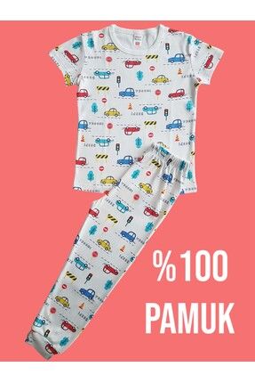 Kısa Kollu Desenli Çocuk Pijama Takım #baskılıçocukpijamatakım #arabadesenlipijama #çamaşırbahçesi