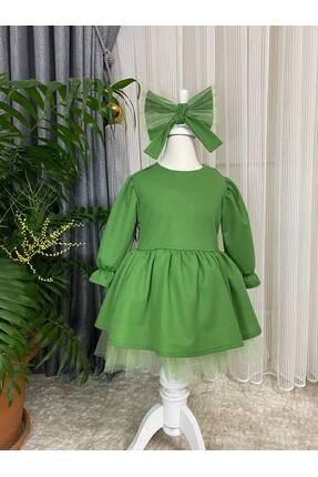 Yeşil Tütülü Fiyonklu Kız Çocuk Elbise Bandana Takım