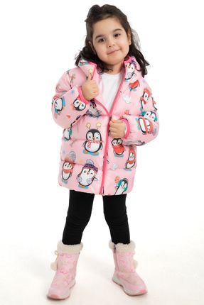 Kız Çocuk içi Polarlı Kapüşonlu Penguen Şeker Desenli Kışlık Şişme Mont & Kaban & Parka