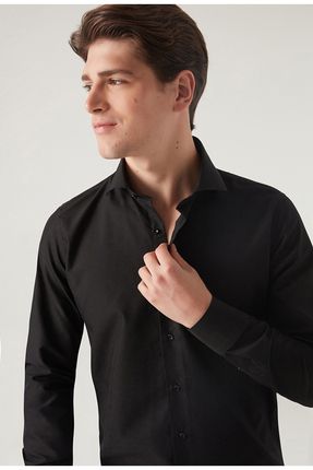 Slim Fit Siyah Italyan Yaka Gömlek