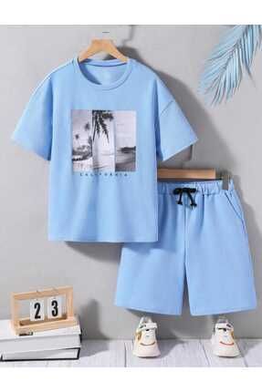 Erkek Çocuk California Baskılı Bebe Mavi T-shirt Şort Takım
