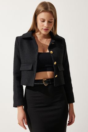 Kadın Siyah Crop Tüvit Blazer Ceket TO00039