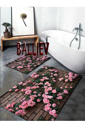 Pembe Çiçekli Desenli Yıkanabilir Kaymaz Taban 2li Banyo Halısı Paspas Klozet Takımı