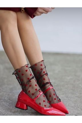 Kırmızı Kalp Desenli Siyah Tül Çorap
