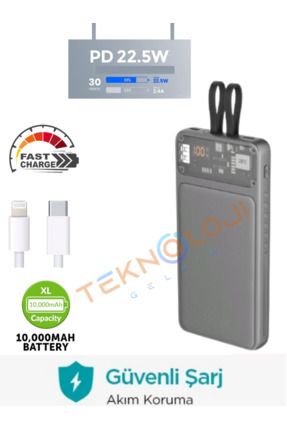 10.000 Mah Powerbank 22.5W Hızlı Şarj Taşınabilir Şarj Cihazı Çok Kablolu Dijital Göstergeli