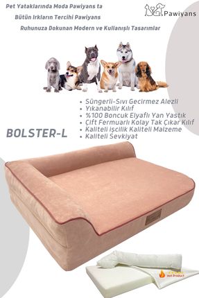 Bolster-L Üst Kalite Köpek Yatağı Süngerli Sıvı Geçirmez Alezli. %100 Elyaflı. 2 Fermuarlı