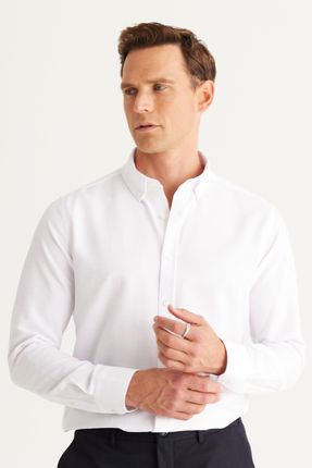 Erkek Beyaz Düğmeli Yaka Kolay Ütülenebilir Pamuklu Slim Fit Dar Kesim Oxford Gömlek