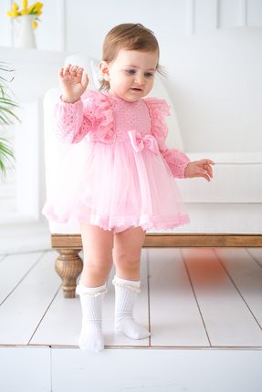 Kız Bebek Pamuklu Güpür Tül Etekli İç Kısım çıtçıtlı Prenses Özel Gün Elbisesi - Pembe