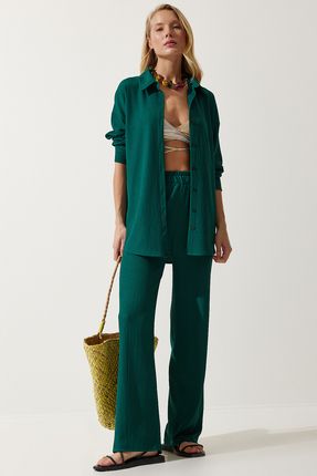 Kadın Koyu Yeşil Rahat Örme Gömlek Pantolon Takım KH00090