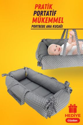 Portbebe Ana Kucağı, Puset Bebek Taşıma Çantası Kundağı 50x70 cm Puantiyeli Gri