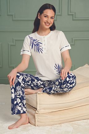 Kadın Yüksek Kalite Kısa Kol %100 Penye Kumaş Desenli Pijama Takımı