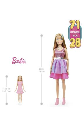 Pembe Elbiseli Barbıe Büyük Bebek 71 Cm Sarı Saçlı Büyük Barbie Bebek Zincirli ve Saç Tokalı