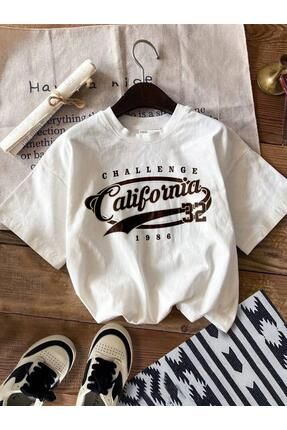 Kız/Erkek Çocuk Beyaz ''California 32'' Baskılı Tişört