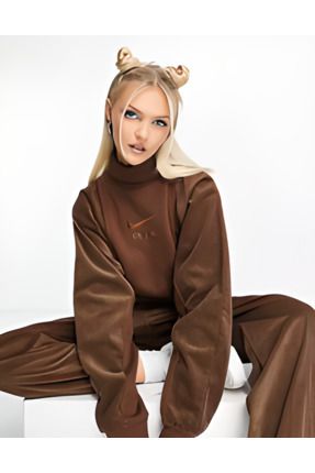 Sportswear Air Cord Fleece Choker Dik Yaka Kahverengi Kadın Sweatshirt