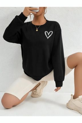 Kalp Logolu Kışlık Kalın Sweatshirt - Siyah Baskılı Oversize Şardonlu Bisiklet Yaka