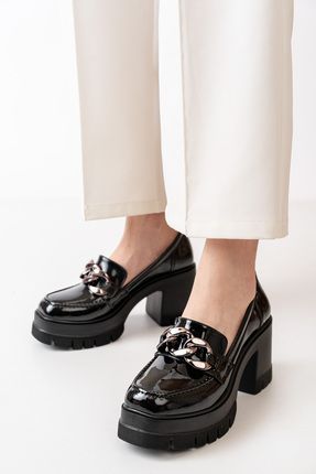 Kadın Siyah Zincir Tokalı 8 cm Topuklu Platformlu Ayakkabı