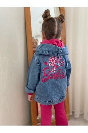 Kız Çocuk Barbie Nakışlı Taş İşlemeli Kapüşonlu Mevsimlik Kot Ceket-Kot Mont-Bayramlık