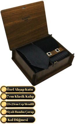 Ahşap Kutulu Micro Desen Siyah Kravat - Cep Mendili - Kol Düğmesi - Çorap Seti
