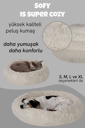 Sofy, Donut Şeklinde Sakinleştirici Etkili, Yüksek Kaliteli, Peluş Kedi Ve Köpek Yatağı (Ekru)