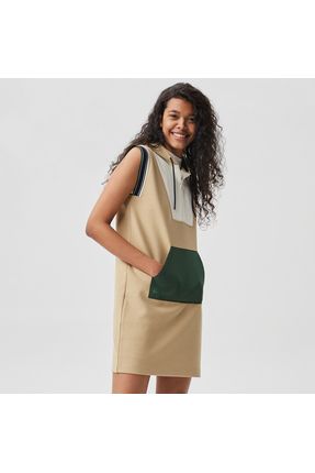 Kadın Regular Fit Kolsuz Kapüşonlu Renk Bloklu Krem Elbise