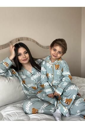 Unisex Önü Düğmeli Mavi Ayıcık Sleep Desenli 3'lü Alt Üst Pijama Takımı