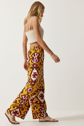 Happiness stanbul Kad n Hardal Desenli Ham Keten Palazzo Pantolon BH00397 Fiyat Yorumlar Trendyol