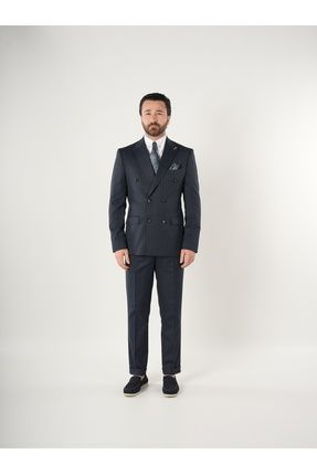 Erkek Kruvaze Piliseli Tokalı Pantolon Takım Elbise Slim Fit İtalyan Stil Ceket Pantolon
