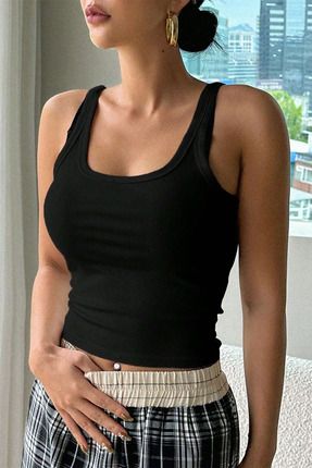 Kadın Siyah Kaşkorse Kumaş Geniş Askılı Crop Bluz