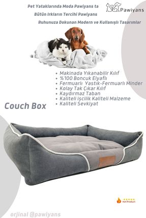 Couch Box Üst Kalite Kedi Köpek Yatağı Yıkanabilir Fermuarlı, Astarlı %100 Elyaf Dolgulu