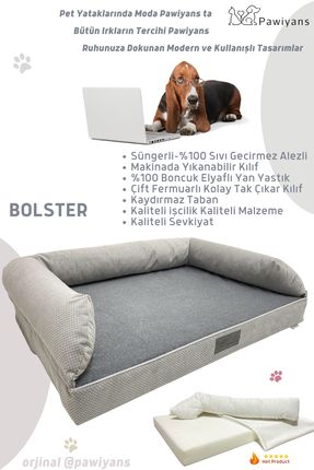 Bolster Üst Kalite Köpek Yatağı 6,5-10cm Süngerli Sıvı Geçirmez Alezli. %100 Elyaflı. 2 Fermuarlı