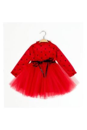 Kız Bebek Çocuk Prenses Kabarık Tütü Elbise Puantiyeli Uzun Kol Esnek Likralı Kırmızı