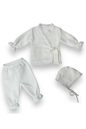 Günlük Hastane Çıkış Setleri Müslin Kumaş Fisto Detaylı 3'lü Set Yenidoğan Bebek Kıyafetleri %100 P