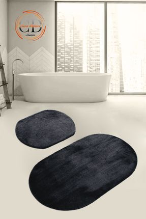 Siyah 2'li Oval Düz Renk Peluş Post Yumuşak Yıkanabilir Banyo Halısı Klozet Takımı(100x60-60x50)