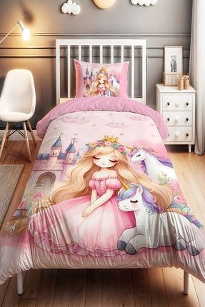 Unicornlu Prenses Desenli Tek Kişilik Bebek Çocuk Nevresim Seti